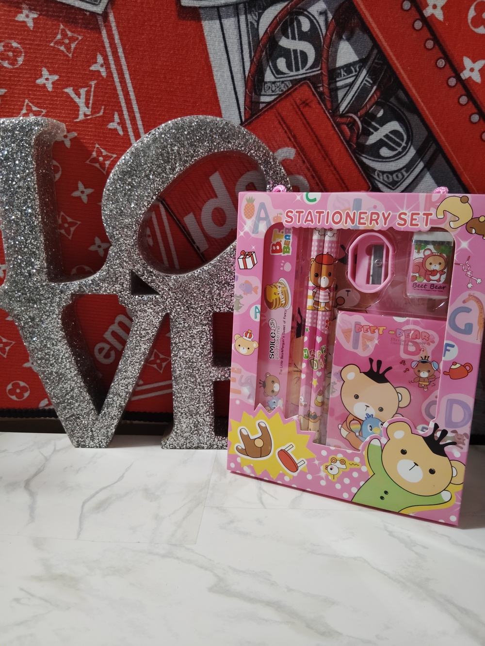 Kids Pink Stationery Set with Cute Bear Design